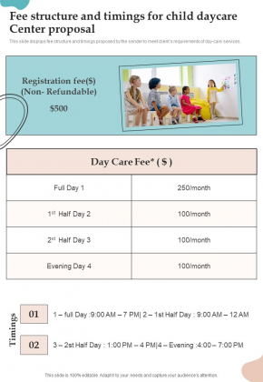 Fee Structure And Timings For Child Daycare Center Proposal One Pager Sample Example Document