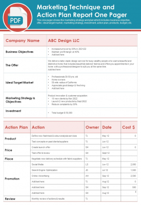 Marketing Technique And Action Plan Report One Pager PDF Document PPT Template