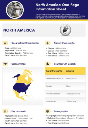North America One Page Information Sheet PDF Document PPT Template