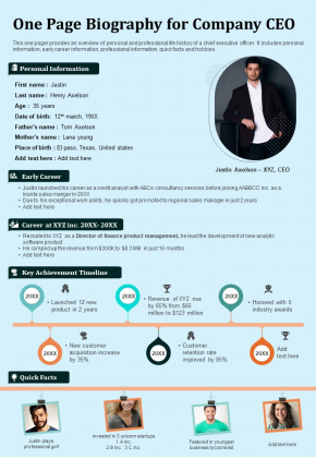 One Page Biography For Company CEO PDF Document PPT Template