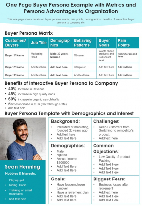 One Page Buyer Persona Example With Metrics And Persona Advantages To Organization PDF Document PPT Template