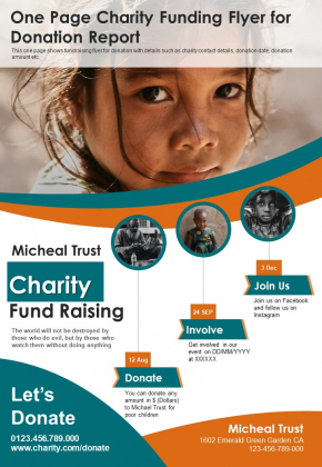 One Page Charity Funding Flyer For Donation Report PDF Document PPT Template