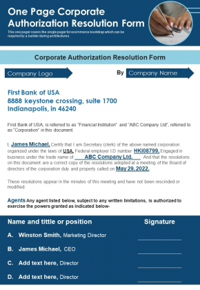 One Page Corporate Authorization Resolution Form PDF Document PPT Template
