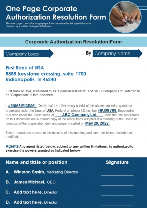 One Page Corporate Authorization Resolution Form PDF Document PPT Template One Page Corporate Authorization Resolution Form PDF Document PPT Template