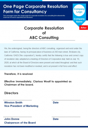One Page Corporate Resolution Form For Consultancy PDF Document PPT Template