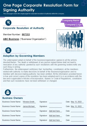 One Page Corporate Resolution Form For Signing Authority PDF Document PPT Template One Page Corporate Resolution Form For Signing Authority PDF Document PPT Template