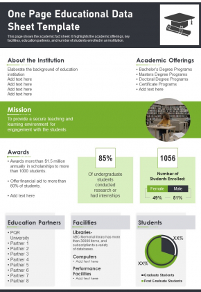 One Page Educational Data Sheet Template PDF Document PPT Template