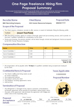 One Page Freelance Hiring Firm Proposal Summary PDF Document PPT Template