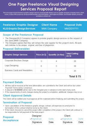 One Page Freelance Visual Designing Services Proposal Report PDF Document PPT Template One Page Freelance Visual Designing Services Proposal Report PDF Document PPT Template