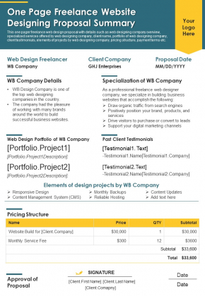 One Page Freelance Website Designing Proposal Summary PDF Document PPT Template One Page Freelance Website Designing Proposal Summary PDF Document PPT Template
