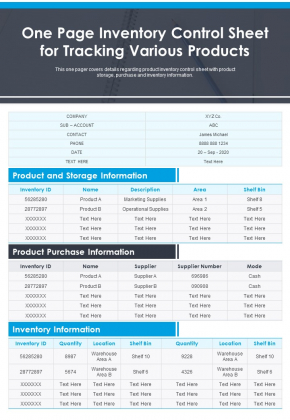 One Page Inventory Control Sheet For Tracking Various Products PDF Document PPT Template