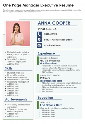 One Page Manager Executive Resume PDF Document PPT Template