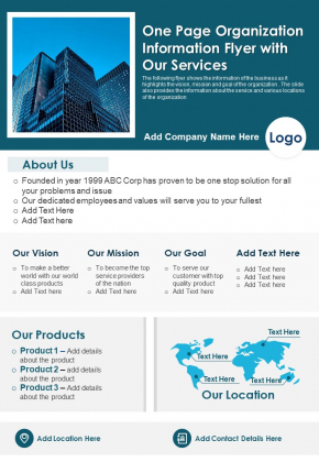 One Page Organization Information Flyer With Our Services PDF Document PPT Template