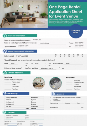 One Page Rental Application Sheet For Event Venue PDF Document PPT Template