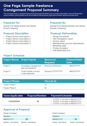 One Page Sample Freelance Consignment Proposal Summary PDF Document PPT Template One Page Sample Freelance Consignment Proposal Summary PDF Document PPT Template