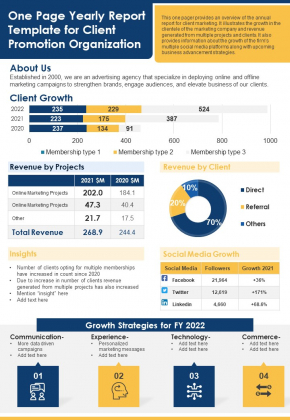 One Page Yearly Report Template For Client Promotion Organization PDF Document PPT Template One Page Yearly Report Template For Client Promotion Organization PDF Document PPT Template