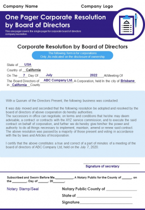 One Pager Corporate Resolution By Board Of Directors PDF Document PPT Template One Pager Corporate Resolution By Board Of Directors PDF Document PPT Template