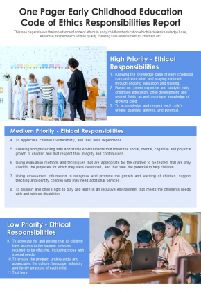 One Pager Early Childhood Education Code Of Ethics Responsibilities Report PDF Document PPT Template