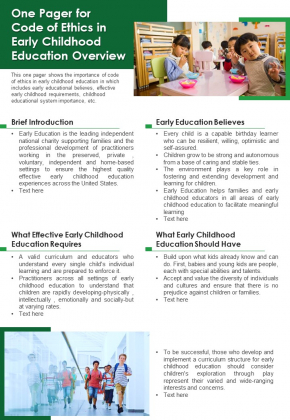 One Pager For Code Of Ethics In Early Childhood Education Overview PDF Document PPT Template
