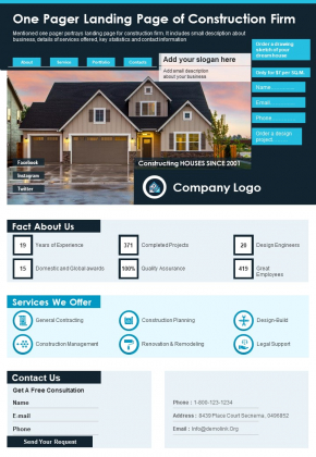 One Pager Landing Page Of Construction Firm PDF Document PPT Template