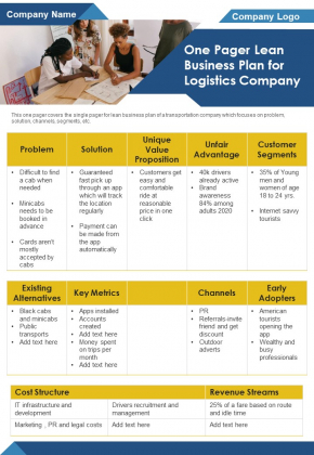 One Pager Lean Business Plan For Logistics Company PDF Document PPT Template