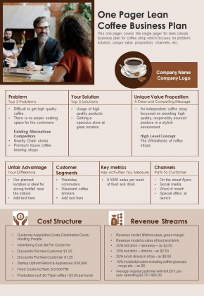 One Pager Lean Coffee Business Plan PDF Document PPT Template