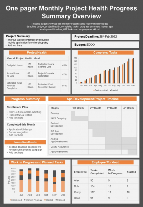 One Pager Monthly Project Health Progress Summary Overview PDF Document PPT Template