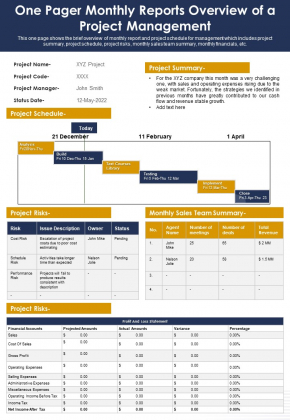 One Pager Monthly Reports Overview Of A Project Management PDF Document PPT Template