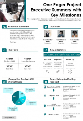 One Pager Project Executive Summary With Key Milestones PDF Document PPT Template