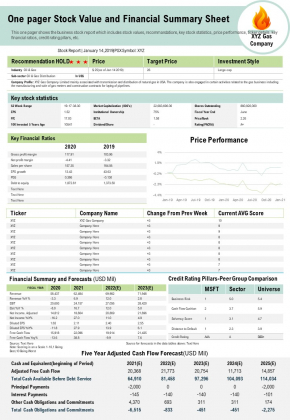 One_Pager_Stock_Value_And_Financial_Summary_Sheet_PDF_Document_PPT_Template_Slide_1