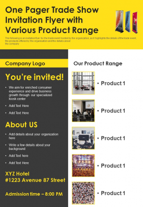 One Pager Trade Show Invitation Flyer With Various Product Range PDF Document PPT Template