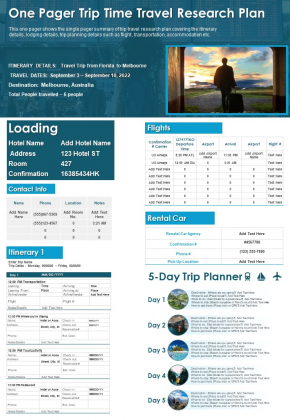 One Pager Trip Time Travel Research Plan PDF Document PPT Template