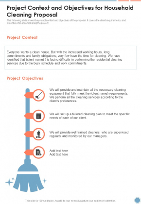 Project Context And Objectives For Household Cleaning Proposal One Pager Sample Example Document