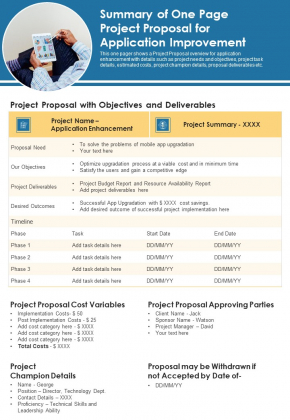 Summary Of One Page Project Proposal For Application Improvement PDF Document PPT Template