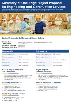 Summary Of One Page Project Proposal For Engineering And Construction Services PDF Document PPT Template Summary Of One Page Project Proposal For Engineering And Construction Services PDF Document PPT Template