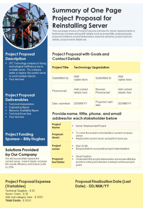 Summary Of One Page Project Proposal For Reinstalling Server PDF Document PPT Template Summary Of One Page Project Proposal For Reinstalling Server PDF Document PPT Template