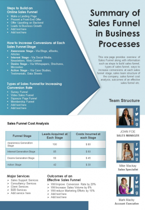 Summary Of Sales Funnel In Business Processes PDF Document PPT Template