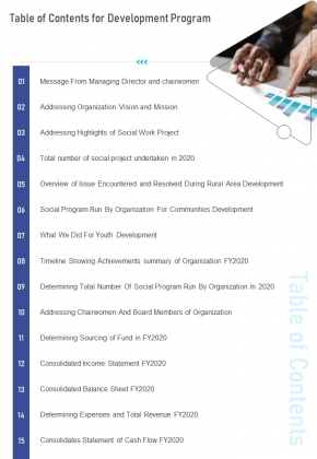 Table Of Contents For Development Program One Pager Documents