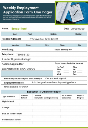 Weekly Employment Application Form One Pager PDF Document PPT Template Weekly Employment Application Form One Pager PDF Document PPT Template