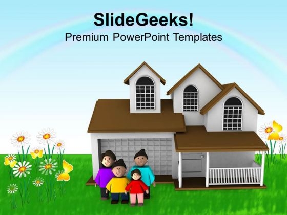 3d Happy Family Outside Their Home PowerPoint Templates Ppt Backgrounds For Slides 0713