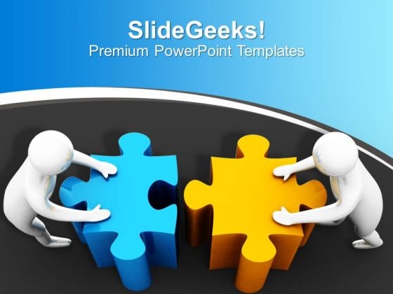 3d Man Pushing Puzzles Joining Team Effort PowerPoint Templates Ppt Backgrounds For Slides 0113