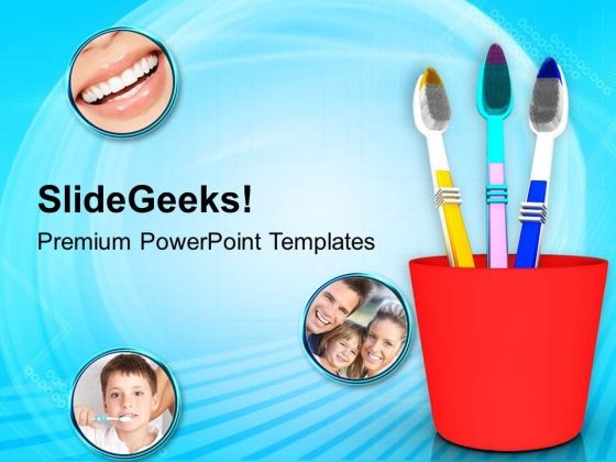 Assorted Tooth Brushes In Holder Dental PowerPoint Templates Ppt Backgrounds For Slides 0313