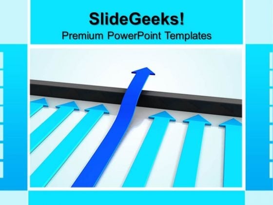 Blue Arrow Jumps Above Barrier Success PowerPoint Templates And PowerPoint Themes 0812