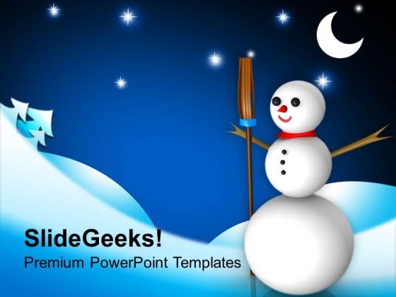 Funny Snowman With Broom Winter Background PowerPoint Templates Ppt Backgrounds For Slides 1212