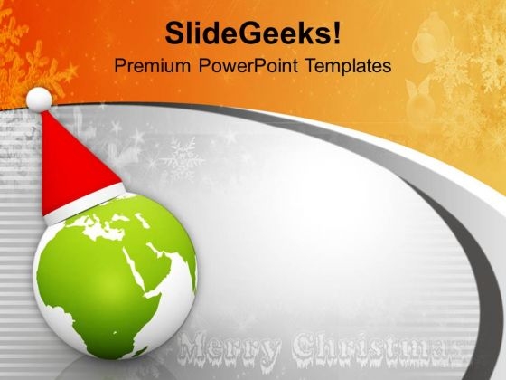 Globe With Santa Cap On Grey Background PowerPoint Templates Ppt Backgrounds For Slides 0113