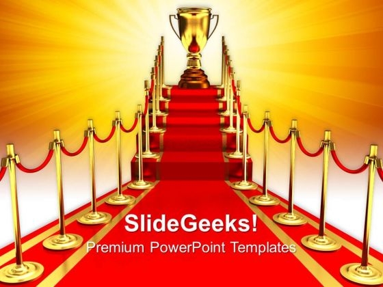 Golden Cup On Red Carpet Winner Success PowerPoint Templates And PowerPoint Themes 0712