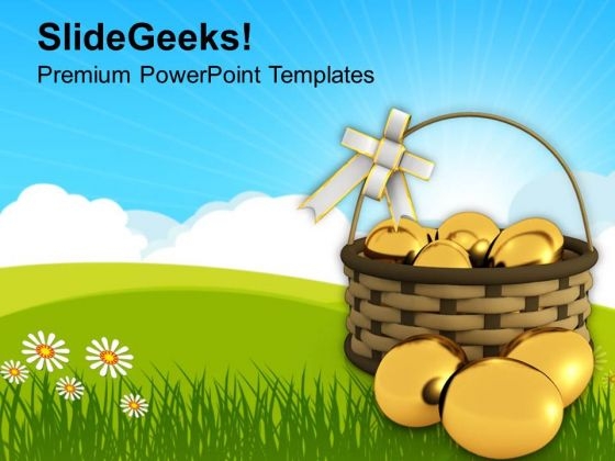 Golden Easter Eggs In Basket Tradition PowerPoint Templates Ppt Backgrounds For Slides 0313