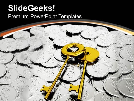 Golden Keys On Coins Security PowerPoint Templates Ppt Backgrounds For Slides 0213