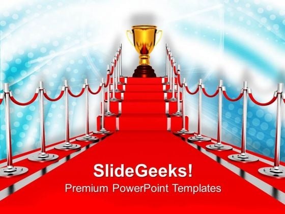 Golden Trophy On Red Carpet Winner PowerPoint Templates Ppt Backgrounds For Slides 0313