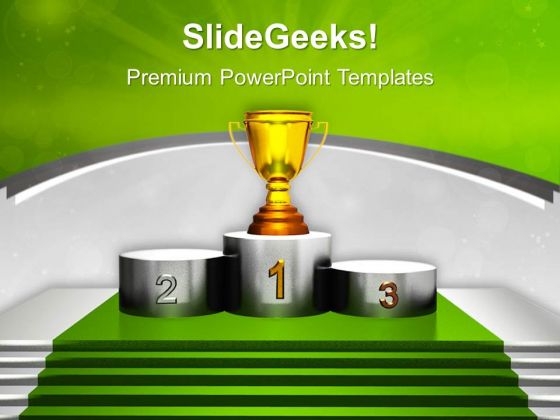 Golden Trophy On Winner Podium PowerPoint Templates Ppt Backgrounds For Slides 0313 Golden Trophy On Winner Podium PowerPoint Templates Ppt Backgrounds For Slides 0313